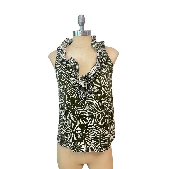 Kate Spade Gray White Tropical Print Ruffle Top Size 4 - Picture 1 of 5